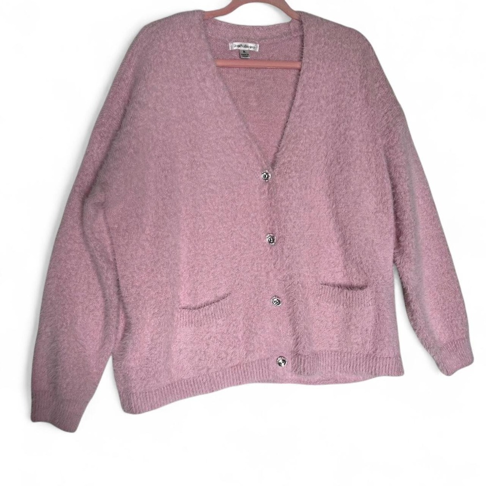 Pink Fuzzy Cardigan With Oversized Crystal Buttons & Two Front Pockets XL preppy